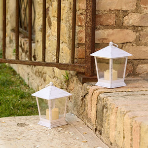 Lanterna bianco antico con candela, h 17 cm, led bianco caldo