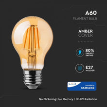 Carica l&#39;immagine nel visualizzatore di Gallery, V-TAC LAMPADINA LED E27 6W BULB A60 CHIP SAMSUNG FILAMENTO AMBRATA
