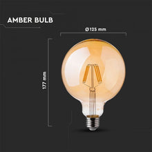 Carica l&#39;immagine nel visualizzatore di Gallery, V-TAC LAMPADINA LED E27 6W GLOBO G125 CHIP SAMSUNG FILAMENTO AMBRATA
