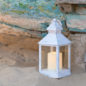Lanterna bianco antico con candela, led bianco caldo (24 cm)
