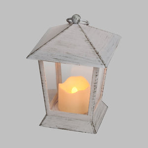 Lanterna bianco antico con candela, h 17 cm, led bianco caldo
