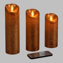 Carica l&#39;immagine nel visualizzatore di Gallery, Set 3 candele argento, oro e rame con telecomando, led bianco caldo
