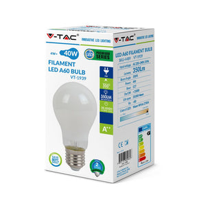 V-TAC LAMPADINA LED E27 4W BULB A60 WHITE FILAMENTO