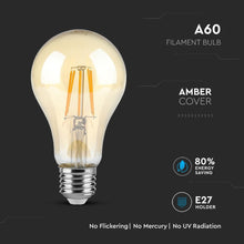 Carica l&#39;immagine nel visualizzatore di Gallery, V-TAC LAMPADINA LED E27 4W BULB A60 FILAMENTO AMBRATA
