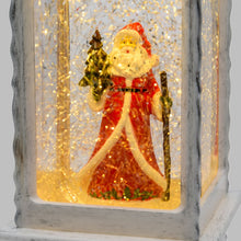 Carica l&#39;immagine nel visualizzatore di Gallery, Lanterna natalizia bianco e bruno antico con nevicata, led bianco caldo
