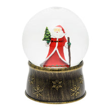 Carica l&#39;immagine nel visualizzatore di Gallery, Sfera in vetro con base brunita a batteria con nevicata e Babbo Natale, h. 17 cm, led bianco caldo

