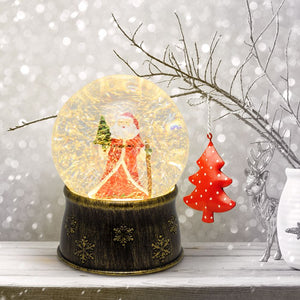 Sfera in vetro con base brunita a batteria con nevicata e Babbo Natale, h. 17 cm, led bianco caldo