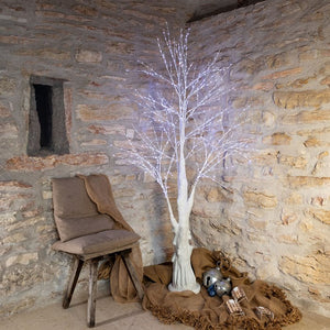 Albero bianco con tronco e base rotonda, microled bianco