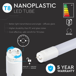 V-TAC PRO TUBO LED NANO PLASTIC T8 G13 10W RUOTABILE CHIP SAMSUNG LAMPADINA 60CM