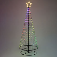 Cargar imagen en el visor de la galería, Albero conico ripiegabile con 550 gocce di luce, h 280 cm, pixel led RGB cambiacolore, cavo verde
