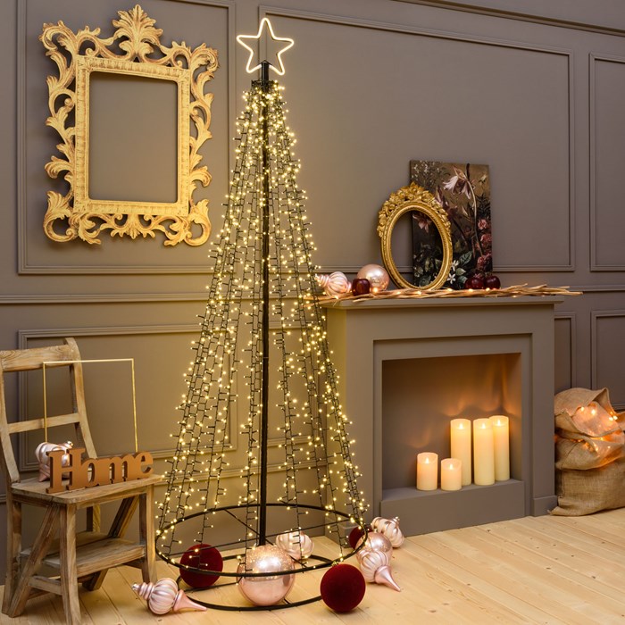 Albero conico ripiegabile con 1500 led bianco caldo, h 200 cm, cavo verde