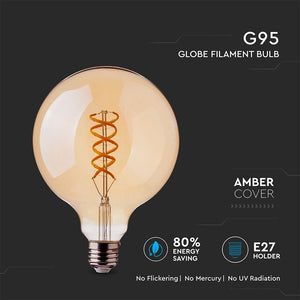 V-TAC  LAMPADINA LED E27 5W GLOBO G95 FILAMENTO A SPIRALE AMBRATA