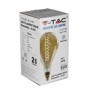 V-TAC LAMPADINA E27 FILAMENTO LED A DOPPIA SPIRALE 8W BULB A160 CON VETRO AMBRATO DIMMERABILE