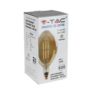 V-TAC LAMPADINA E27 FILAMENTO LED 8W BULB A180 CON VETRO AMBRATO DIMMERABILE