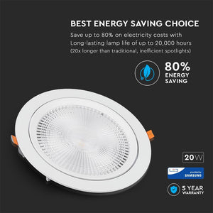 V-TAC FARETTO LED DA INCASSO ROTONDO 20W COB CHIP SAMSUNG