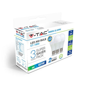 V-TAC SUPER SAVER PACK CONFEZIONE 3 LAMPADINE LED E27 9W BULB A60