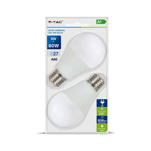 V-TAC DUO PACK CONFEZIONE 2 LAMPADINE LED E27 9W BULB A60 3 STEP DIMMERABILE