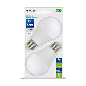 V-TAC DUO PACK CONFEZIONE 2 LAMPADINE LED E27 9W BULB A60 3STEP COLOR CHANGING